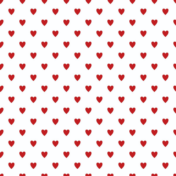 Pattern of evenly spaced red hearts on a white background.