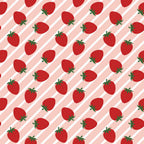 Pattern of illustrated strawberries on diagonal pink and white stripes.