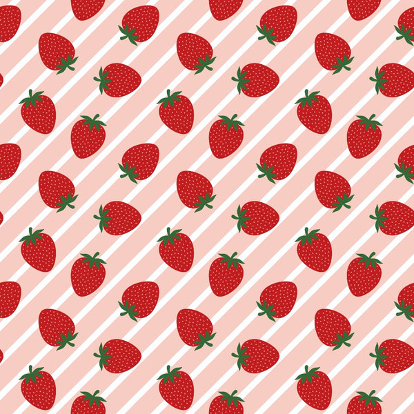 Pattern of illustrated strawberries on diagonal pink and white stripes.