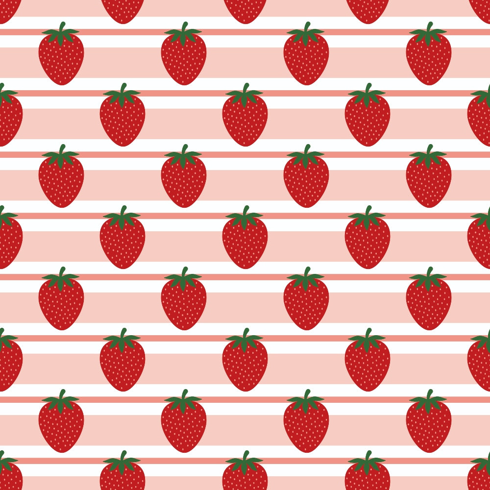Pattern of red strawberries evenly spaced on pink and white horizontal striped background.