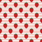 Pattern of red strawberries evenly spaced on pink and white horizontal striped background.