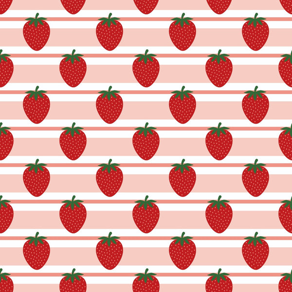 Pattern of red strawberries evenly spaced on pink and white horizontal striped background.