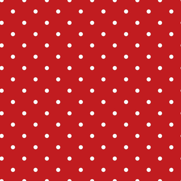 Red background with evenly spaced white polka dots.