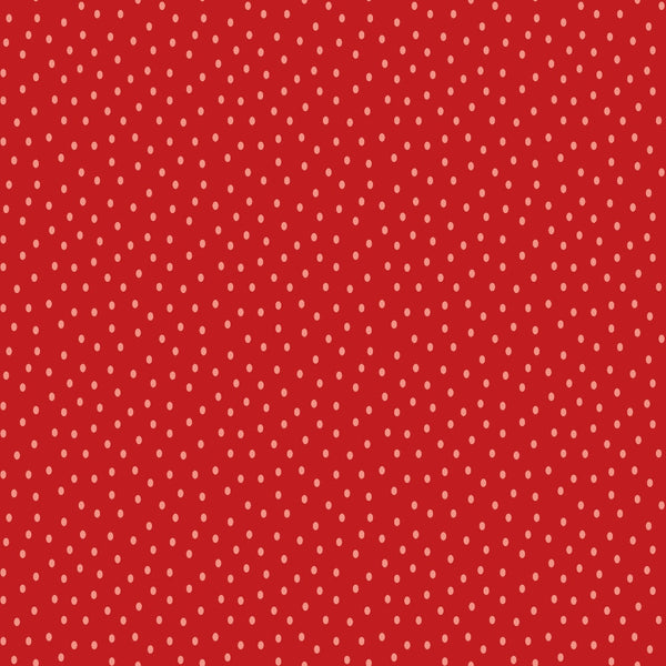 Red background with evenly spaced small white polka dots.