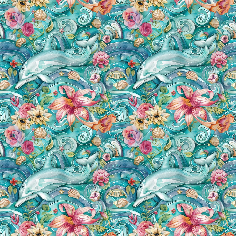 Seamless pattern featuring dolphins, waves, flowers, seashells, and starfish on a turquoise background.