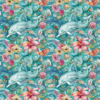 Seamless pattern featuring dolphins, waves, flowers, seashells, and starfish on a turquoise background.