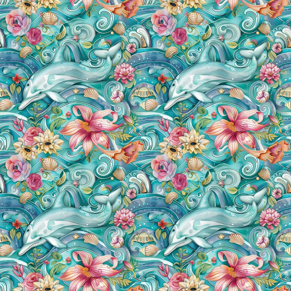 Seamless pattern featuring dolphins, waves, flowers, seashells, and starfish on a turquoise background.