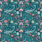 Seamless whimsical pattern with dolphins, pink and white flowers, and swirling ocean waves on a teal background.