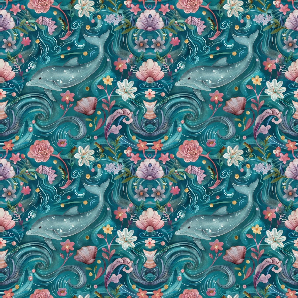 Seamless whimsical pattern with dolphins, pink and white flowers, and swirling ocean waves on a teal background.