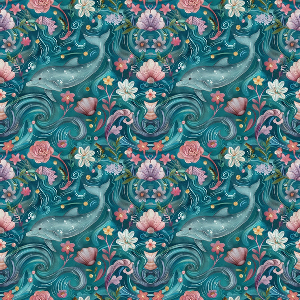 Seamless whimsical pattern with dolphins, pink and white flowers, and swirling ocean waves on a teal background.