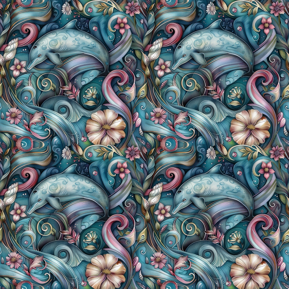 Seamless pattern of colorful dolphins, flowers, and swirls in a stylized, intricate design.