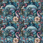 Seamless pattern of colorful dolphins, flowers, and swirls in a stylized, intricate design.