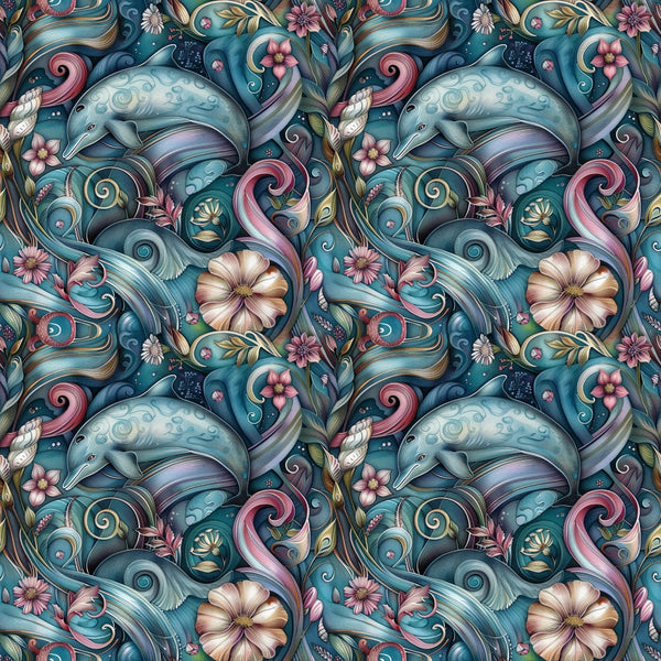 Seamless pattern of colorful dolphins, flowers, and swirls in a stylized, intricate design.