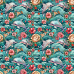 Pattern with dolphins, waves, and various flowers in shades of teal, pink, and orange. The design features a symmetrical, repeating layout.