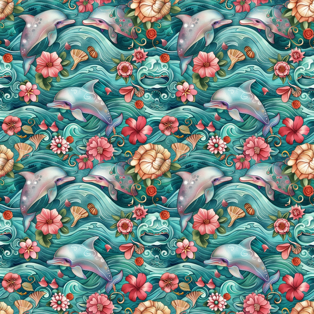 Pattern with dolphins, waves, and various flowers in shades of teal, pink, and orange. The design features a symmetrical, repeating layout.