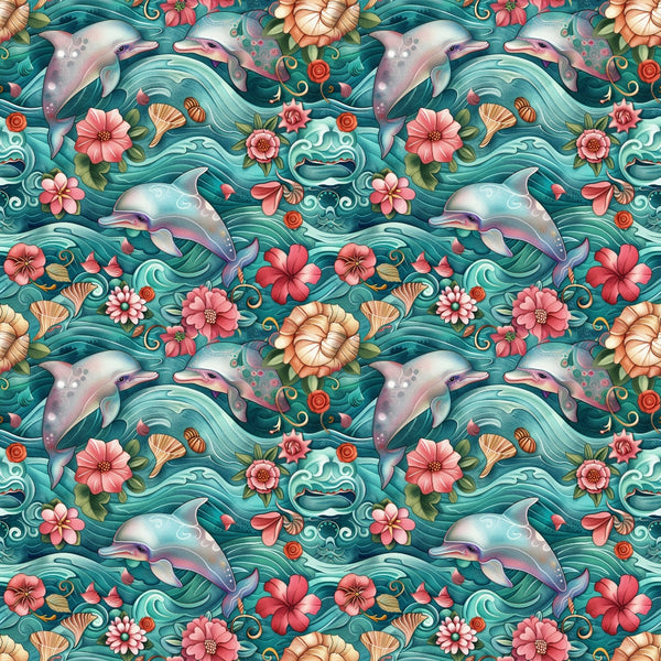 Pattern with dolphins, waves, and various flowers in shades of teal, pink, and orange. The design features a symmetrical, repeating layout.