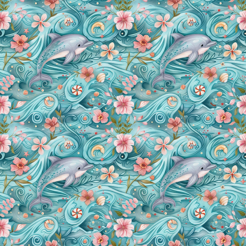 Pattern of dolphins, seashells, and pink flowers against a swirling teal background. The aquatic theme is repetitive, with dolphins appearing to swim through waves and floral elements.