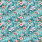 Pattern of dolphins, seashells, and pink flowers against a swirling teal background. The aquatic theme is repetitive, with dolphins appearing to swim through waves and floral elements.