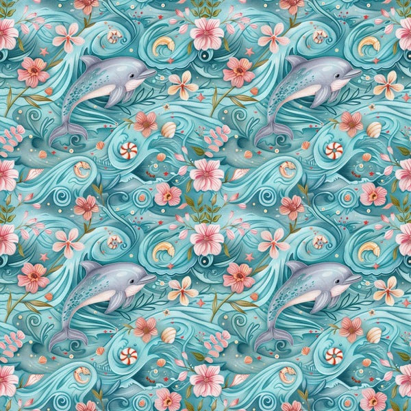 Pattern of dolphins, seashells, and pink flowers against a swirling teal background. The aquatic theme is repetitive, with dolphins appearing to swim through waves and floral elements.