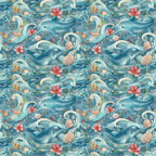 Seamless pattern featuring dolphins, waves, pink flowers, and seashells on a blue background.