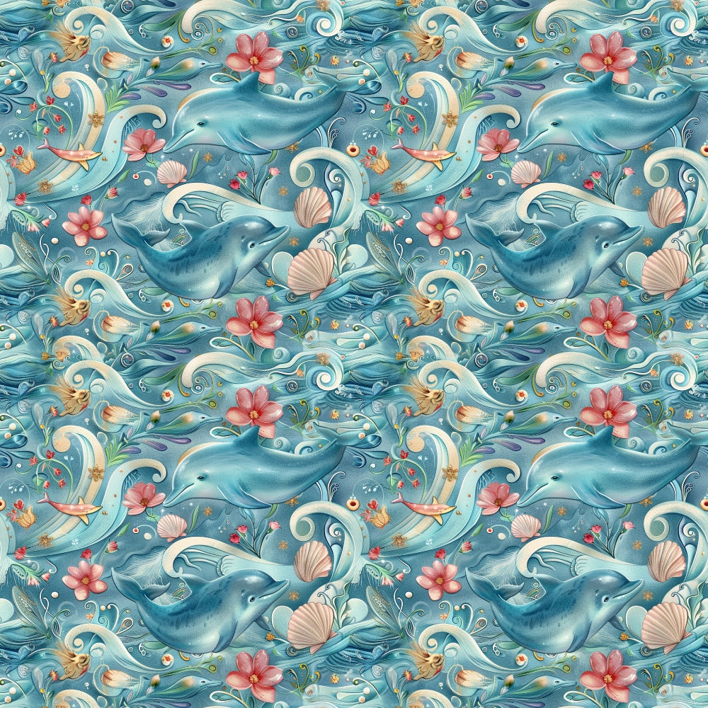 Seamless pattern featuring dolphins, waves, pink flowers, and seashells on a blue background.