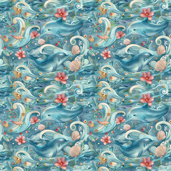 Seamless pattern featuring dolphins, waves, pink flowers, and seashells on a blue background.