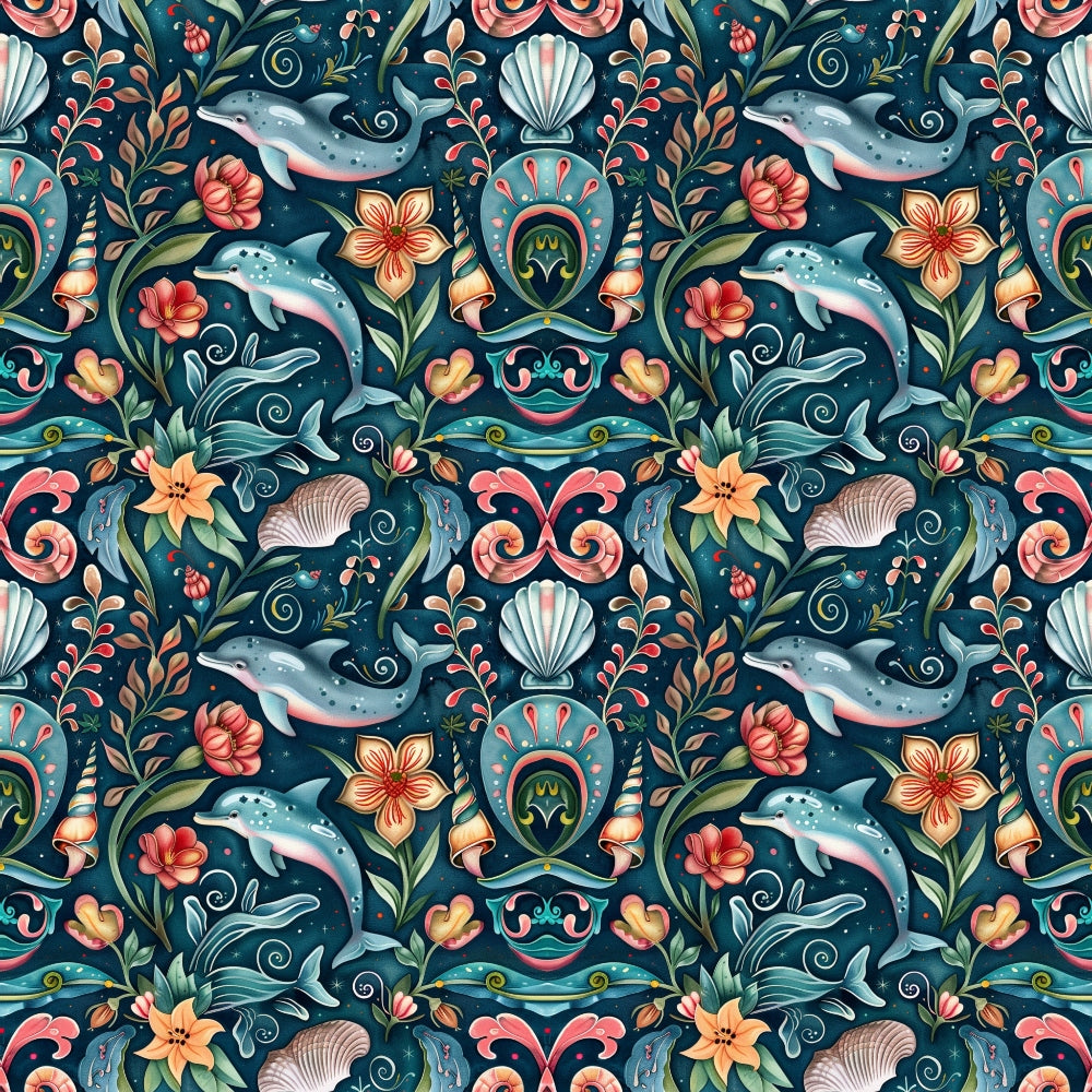 Seamless pattern featuring dolphins, flowers, shells, fish, and foliage in a colorful, decorative design on a dark background.