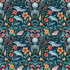 Seamless pattern featuring dolphins, flowers, shells, fish, and foliage in a colorful, decorative design on a dark background.