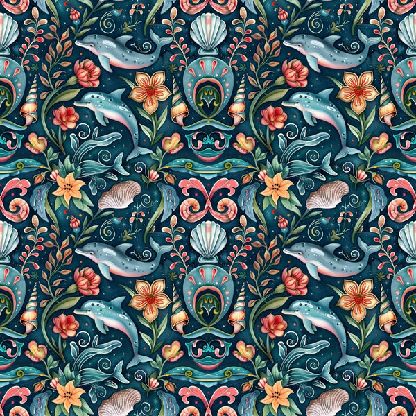 Seamless pattern featuring dolphins, flowers, shells, fish, and foliage in a colorful, decorative design on a dark background.