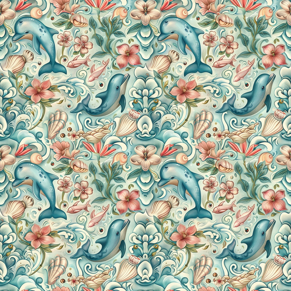Seamless pattern of dolphins, seashells, and flowers in pastel colors on a light background, creating a vibrant ocean-themed design.