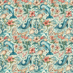 Seamless pattern of dolphins, seashells, and flowers in pastel colors on a light background, creating a vibrant ocean-themed design.