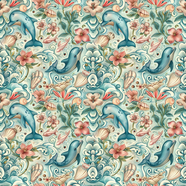 Seamless pattern of dolphins, seashells, and flowers in pastel colors on a light background, creating a vibrant ocean-themed design.
