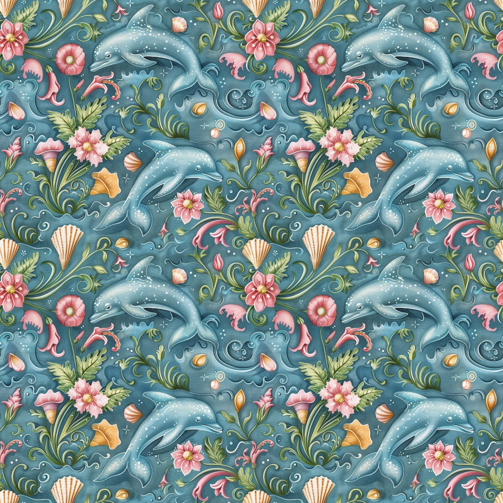Seamless pattern of dolphins, seashells, and flowers on a blue-green background, featuring swirling seaweed and pink blooms.