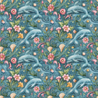 Seamless pattern of dolphins, seashells, and flowers on a blue-green background, featuring swirling seaweed and pink blooms.