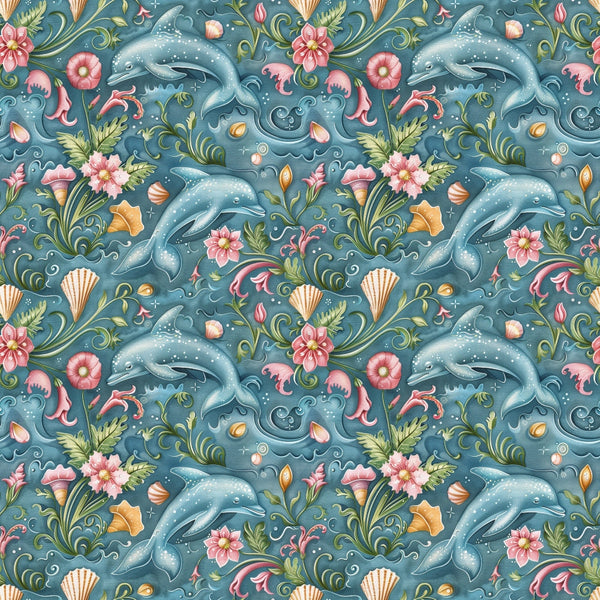 Seamless pattern of dolphins, seashells, and flowers on a blue-green background, featuring swirling seaweed and pink blooms.