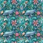 Colorful pattern featuring dolphins, flowers, and seashells on a teal background. Vibrant pink, blue, and green hues enhance the design.