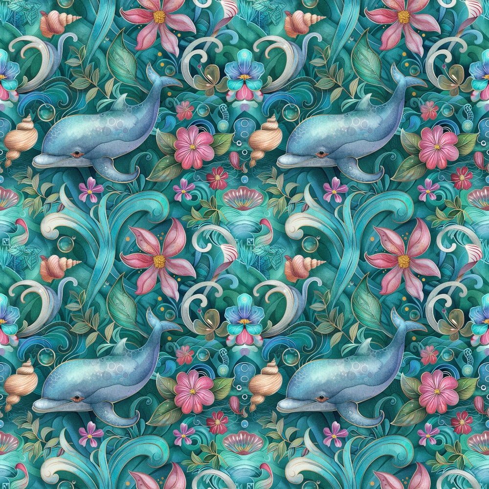 Colorful pattern featuring dolphins, flowers, and seashells on a teal background. Vibrant pink, blue, and green hues enhance the design.