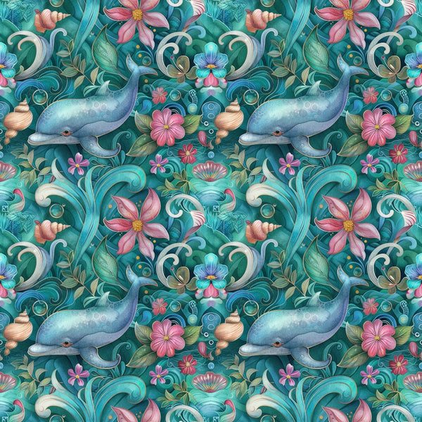 Colorful pattern featuring dolphins, flowers, and seashells on a teal background. Vibrant pink, blue, and green hues enhance the design.