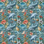 Seamless pattern featuring dolphins, seashells, and vibrant flowers on a turquoise background.