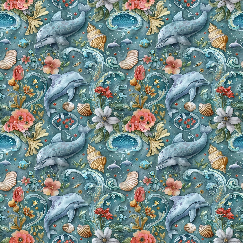 Seamless pattern featuring dolphins, seashells, and vibrant flowers on a turquoise background.