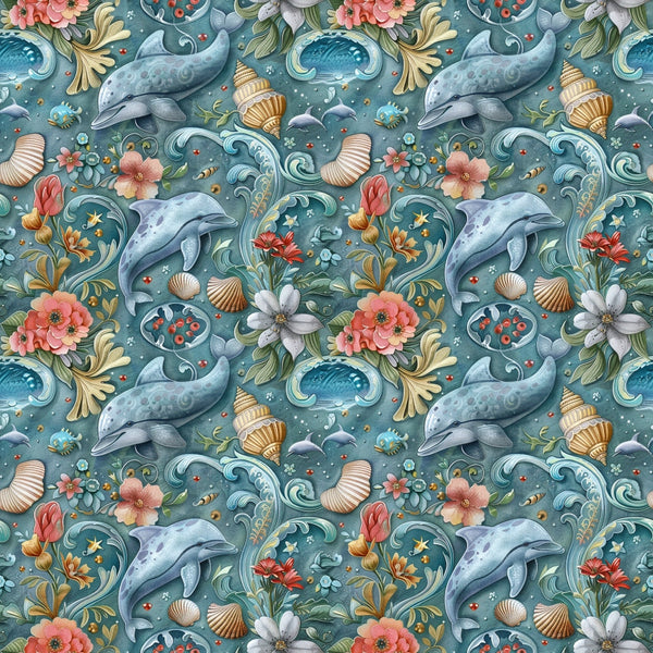 Seamless pattern featuring dolphins, seashells, and vibrant flowers on a turquoise background.