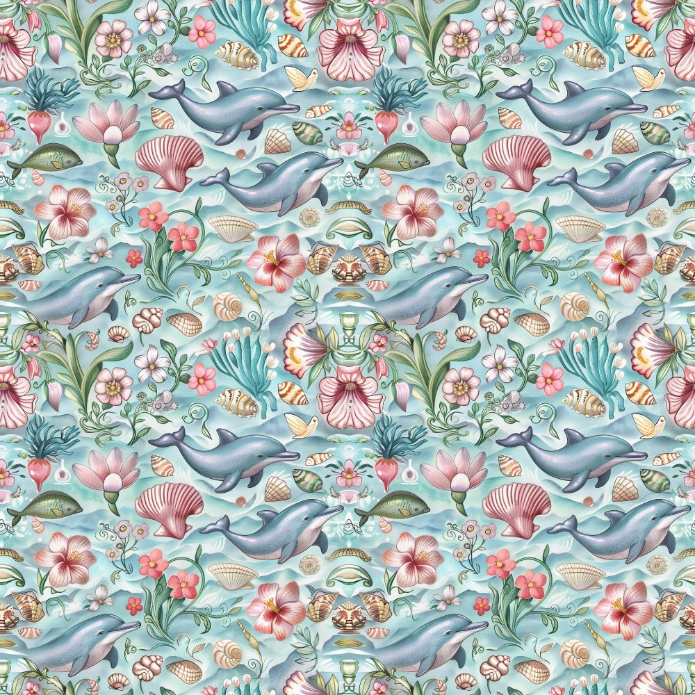 Pattern of dolphins, seashells, flowers, and sea plants on a light blue background.