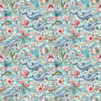 Pattern of dolphins, seashells, flowers, and sea plants on a light blue background.