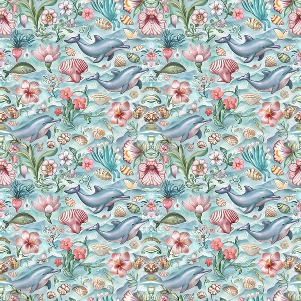 Pattern of dolphins, seashells, flowers, and sea plants on a light blue background.