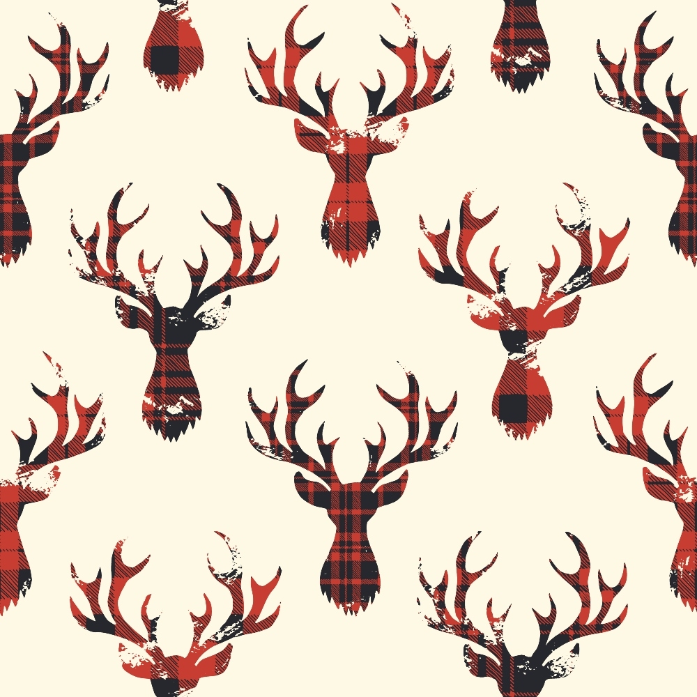Pattern of stag silhouettes with antlers in red and black plaid on a light background.