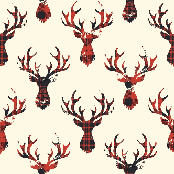 Pattern of stag silhouettes with antlers in red and black plaid on a light background.