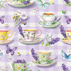 Teacups and saucers with floral designs on a pastel checkered background, surrounded by flowers, lavender sprigs, and colorful butterflies.