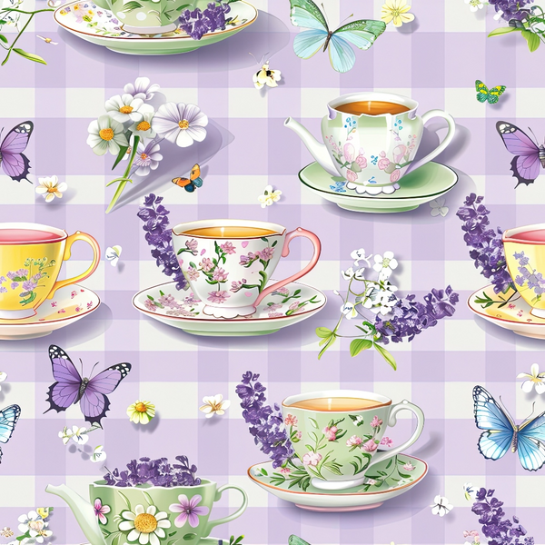 Teacups and saucers with floral designs on a pastel checkered background, surrounded by flowers, lavender sprigs, and colorful butterflies.