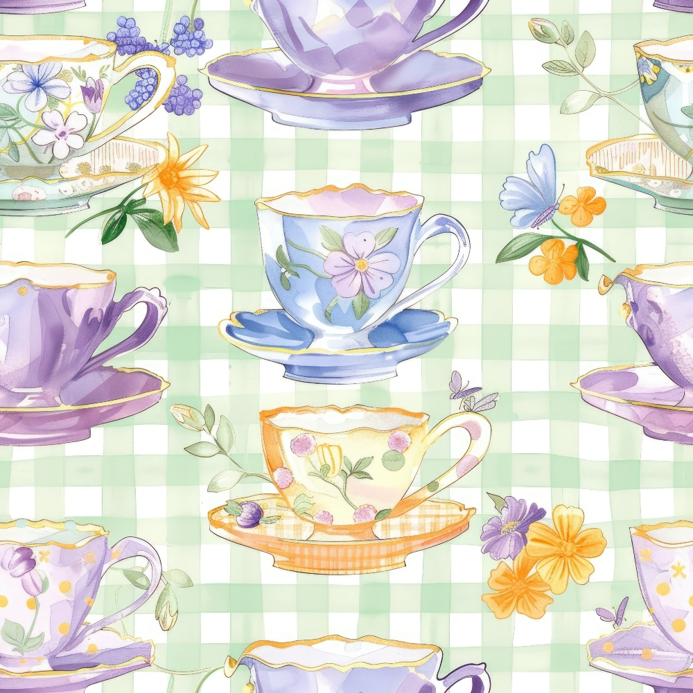 Pattern of colorful teacups and floral designs on a green and white checkered background.