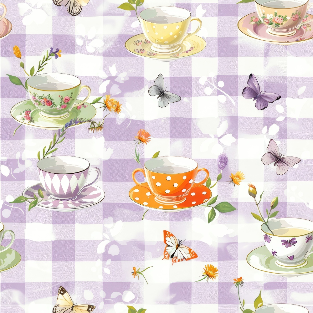 Patterned cups and saucers with floral designs and butterflies on a purple checkered background.